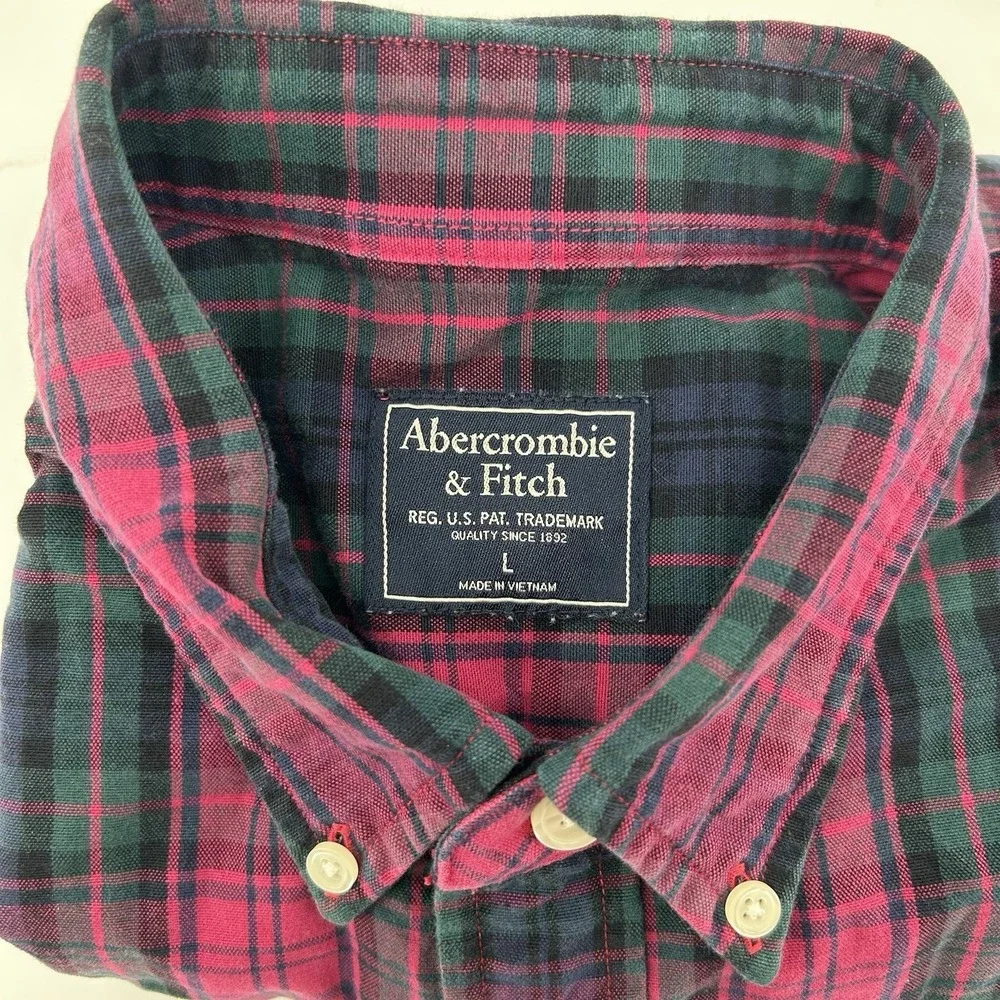 Abercrombie Fitch Shirt Mens L Red‎ Green Plaid Dadcore Preppy